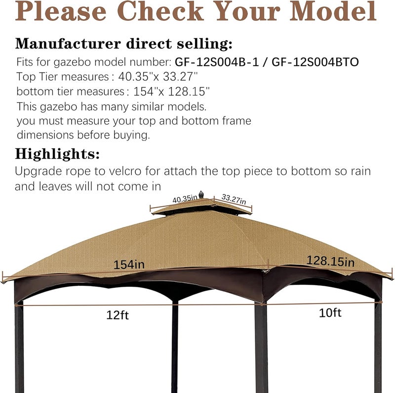 SCOCANOPY Beige Ripstop Replacement Top for Lowe's Allen Roth 10X12 Gazebo Model #GF-12S004B-1/ GF-12S004BTO - Image 2